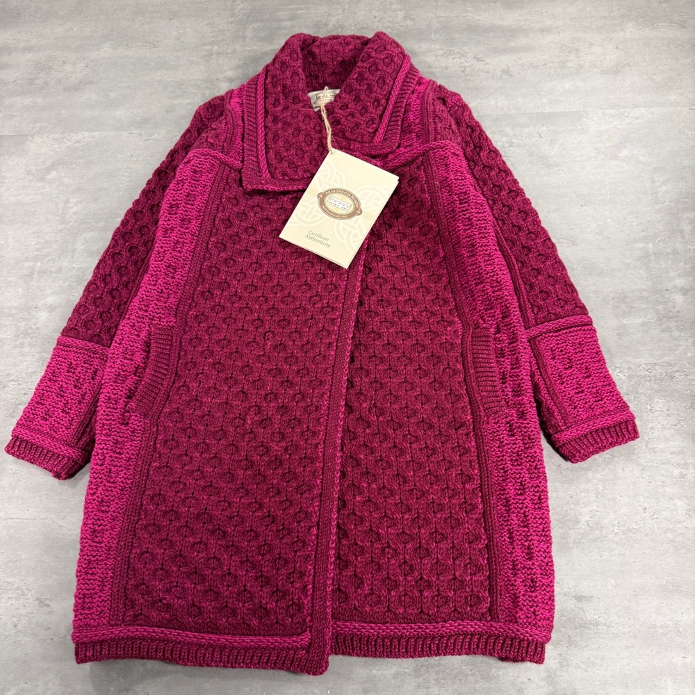 Aran Sweater Market Coat XS Merino Wool Long Knit Cardigan Magenta Pink Wine